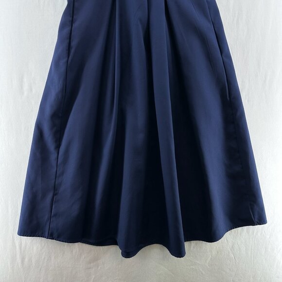 Elia Cher Midi Dress Sz L Pleated V-Neck Adjustable Crossback Strap Pleated Navy - Picture 6 of 14